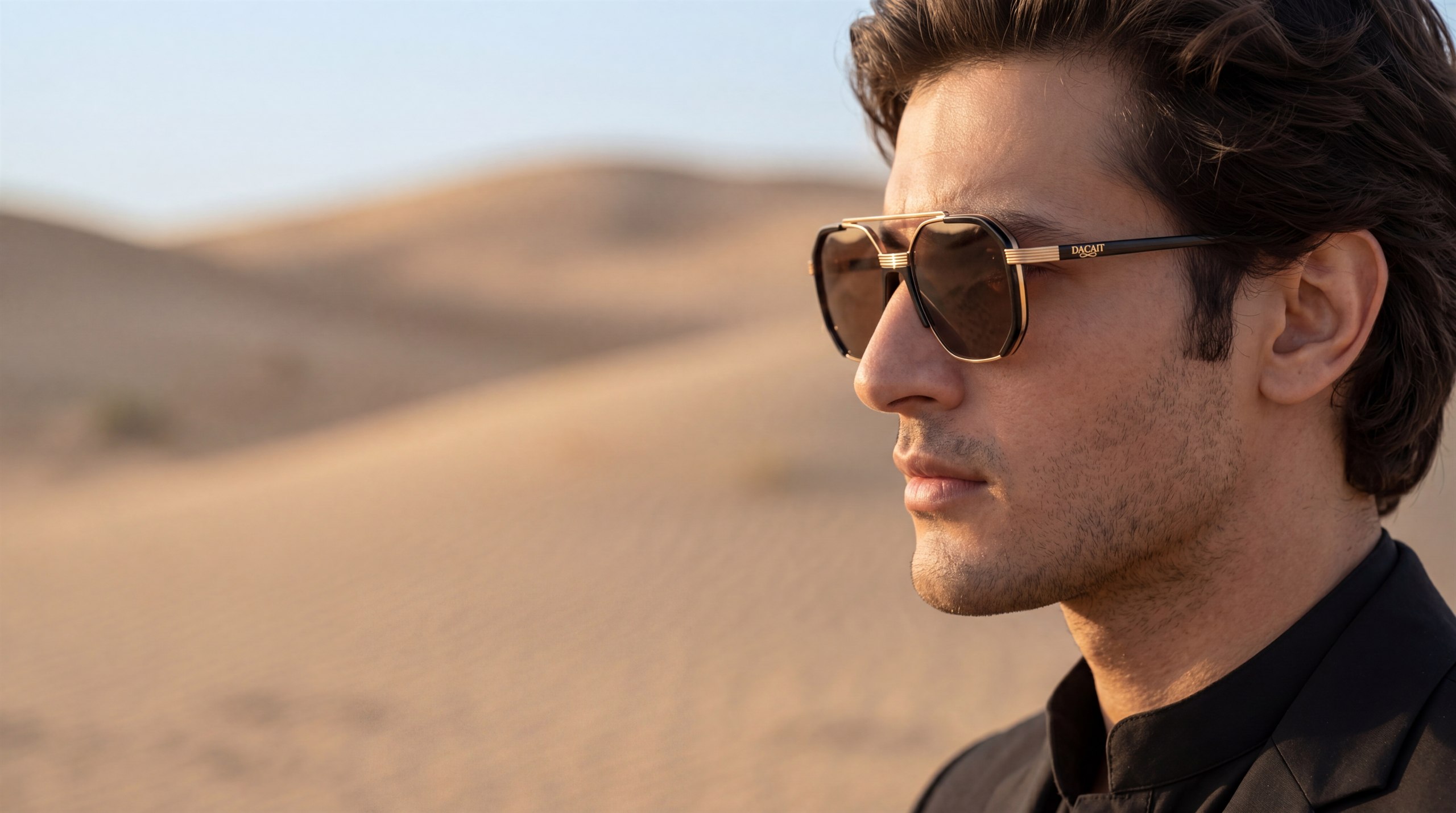 Close profile of Dacait sunglasses with gold temple detail