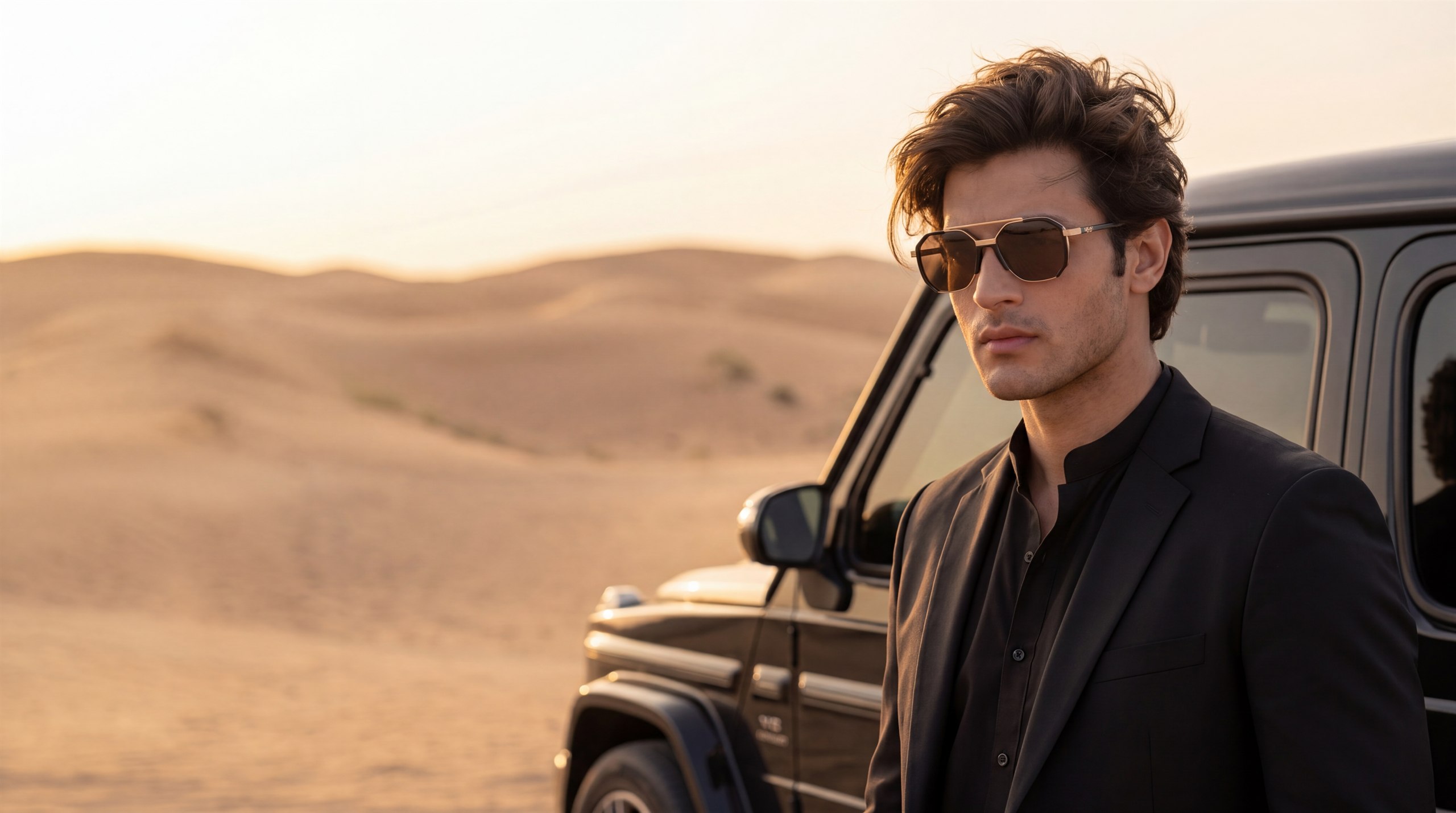 Dacait model in a black suit beside a luxury vehicle in the desert