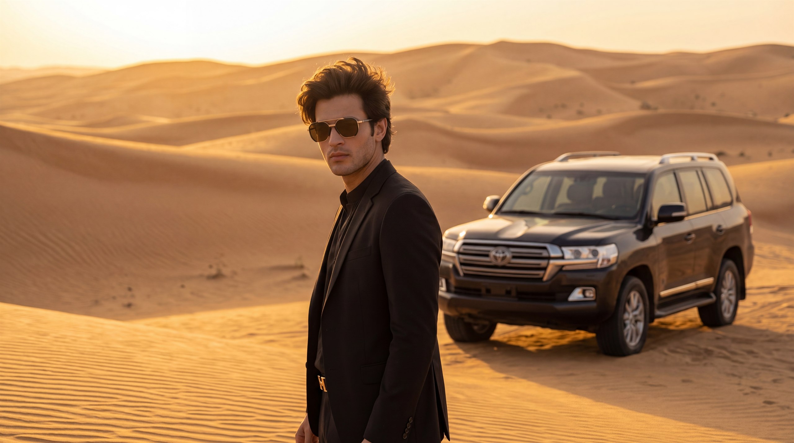 Wide Dacait campaign portrait with desert dunes and luxury vehicle