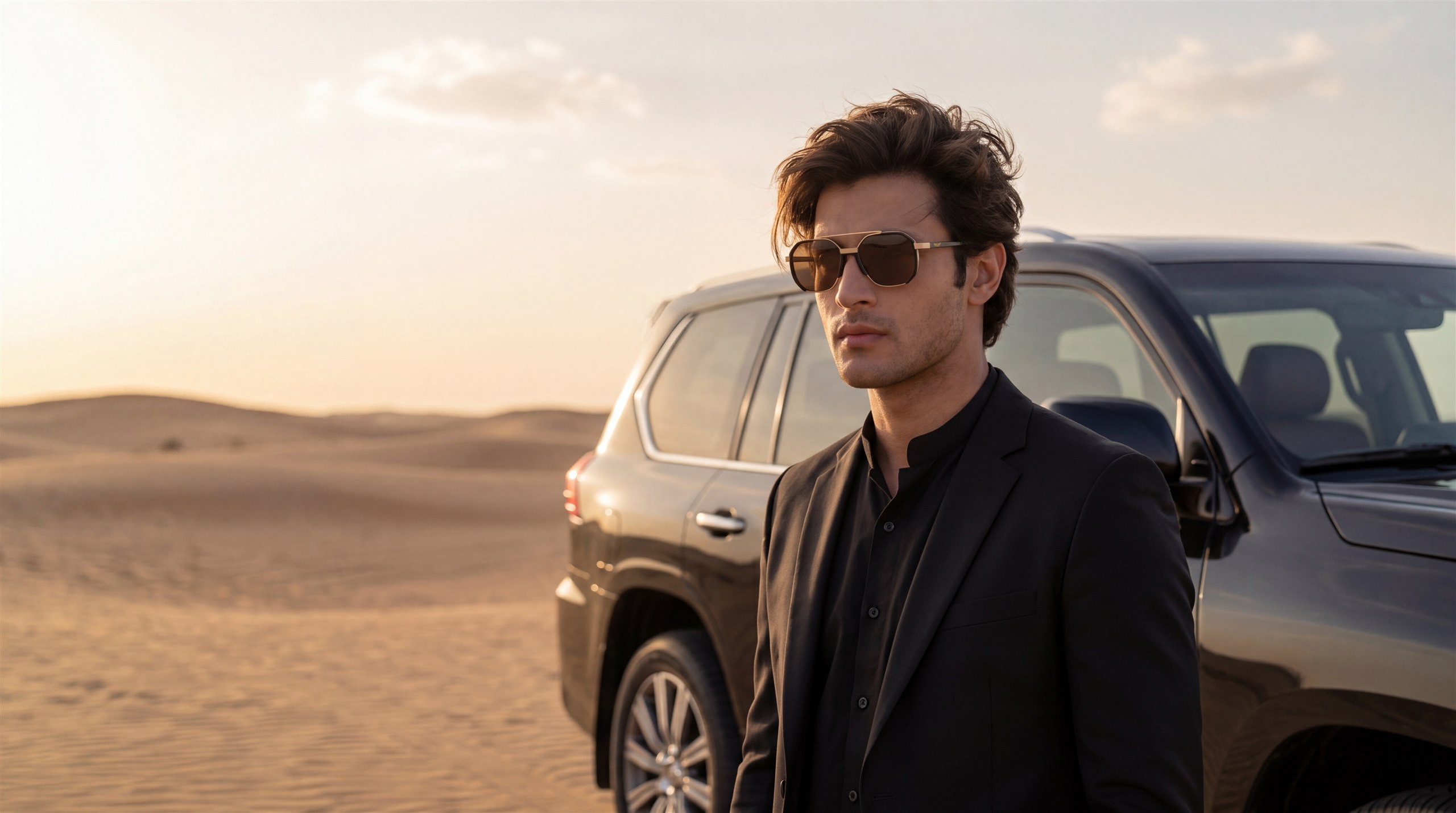 Dacait campaign model wearing Black and Desert Gold sunglasses beside a vehicle in the desert